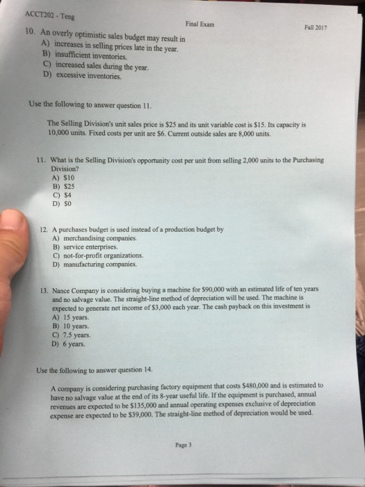 Acct202 T Eng Final Exanm Fall 2017 10 An Overly Chegg 