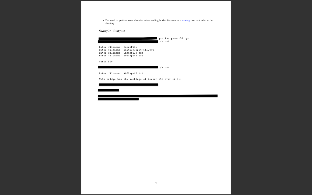 You nesd to perform ero thcking wca reading in the file uneaes ot exist in th di taty Sample Output g-+ haaigato8.cpp Enter i