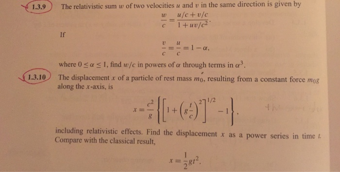 Solved The Relativistic Sum W Of Two Velocities U And V I Chegg Com