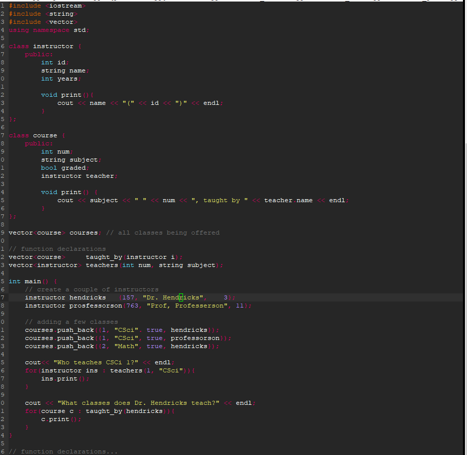 I #include iostream 2 #include string 3 #include vector 4 using namespace std 6 class instructor publi int id string name int