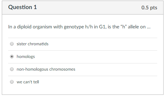 Question 1 0.5 pts In a diploid organism with genotype h/h in G1, is the h allele on sister chromatids homologs O non-homologous chromosomes O we cant tell