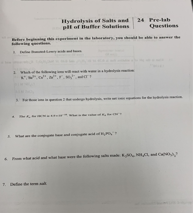 Solved Hydrolysis Of Salts And 24 Pre Lab Ph Of Buffer Chegg Com