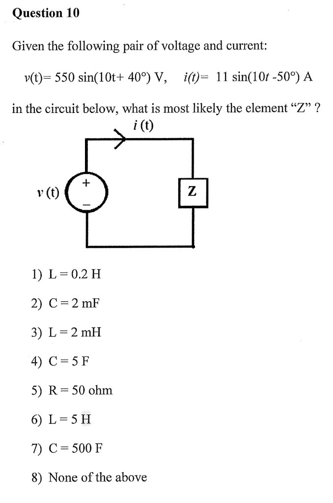 Solved Given The Following Pair Of Voltage And Current V Chegg Com