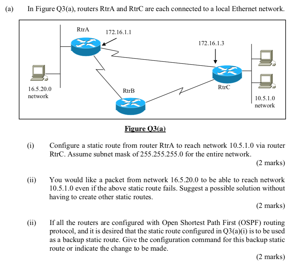 (a)In Figure Q3(a), routers RtrA and RtrC are each connected to a local Ethernet network. RtrA 172.16.1.1 172.16.1.3 RtrC 16.
