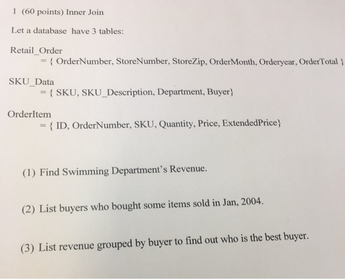 1 (60 points) Inner Join Let a database have 3 tables: Retail Order { OrderNumber, StoreNumber, Store/ip, OrderMonth, Orderye