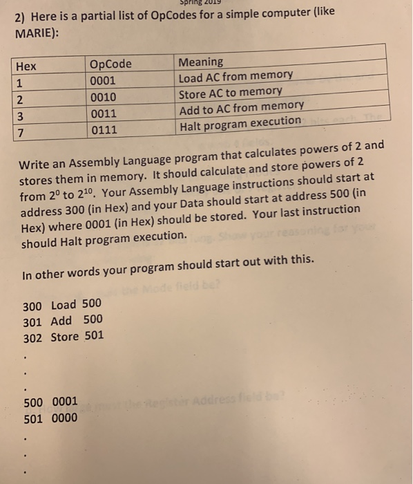 2) Here is a partial list of OpCodes for a simple computer (like MARIE): Hex OpCode 0001 0010 0011 0111 Meaning Load AC from