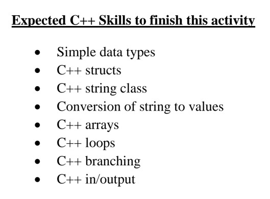 Expected C++ Skills to finish this activity . Simple data types o C++ structs C++ string class » Conversion of string to valu