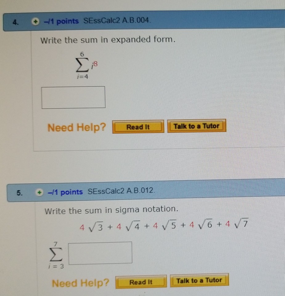 Solved 4 1 Points Sesscalc2 A B 004 Write The Sum In Ex Chegg Com