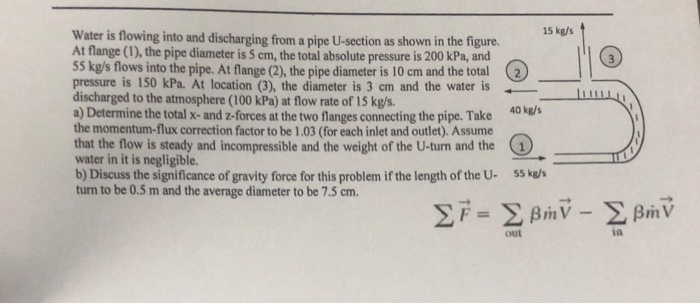 15 kg/s Water is flowing into and discharging from a pipe U-section as shown in the figure. At flange (1), the pipe diameter is 5 cm, the total absolute pressure is 200 kPa, and 55 kg/s flows into the pipe. At flange (2), the pipe diameter is 10 cm and the total (2 pressure is 150 kPa. At location (3), the diameter is 3 cm and the water is discharged to the atmosphere (100 kPa) at flow rate of 15 kg/s. a) Determine the total x- and z-forces at the two flanges comnecting the pipe. Take the momentum-flux 

<div class=