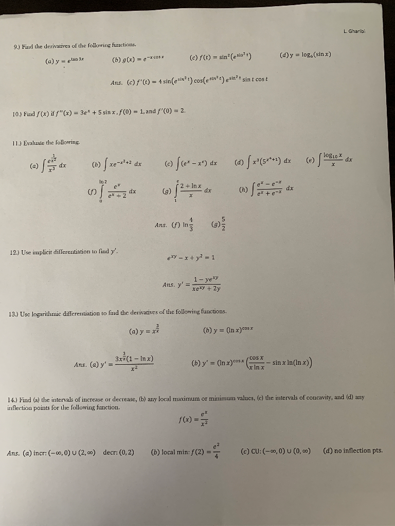 Solved L Gharibi 9 Find The Derivatives Of The Followin Chegg Com