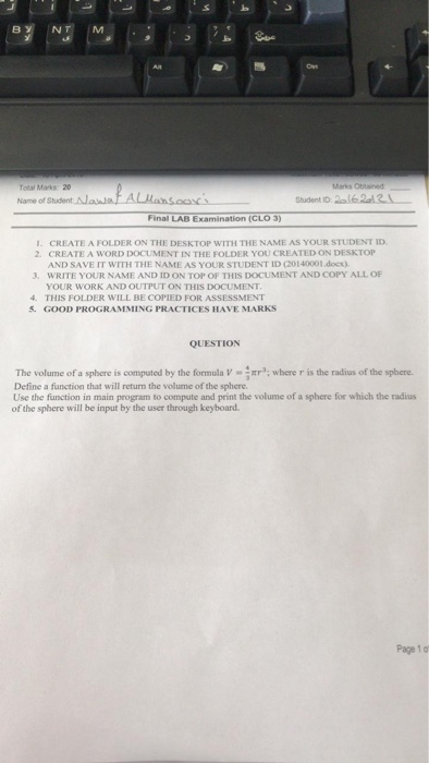 B. Total Marks 20 Name ofS Student ID 21e 2a& Final LAB Examination (CLO 3) L CREATE A FOLDER ON THE DESKTOP WITH THE NAME AS