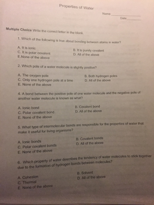 Solved Properties of Water Multiple Choice Write the correct 