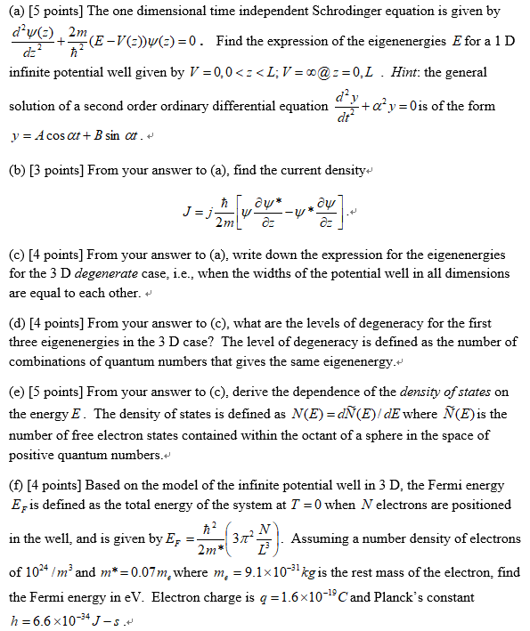 A 5 Points The One Dimensional Time Independen Chegg Com