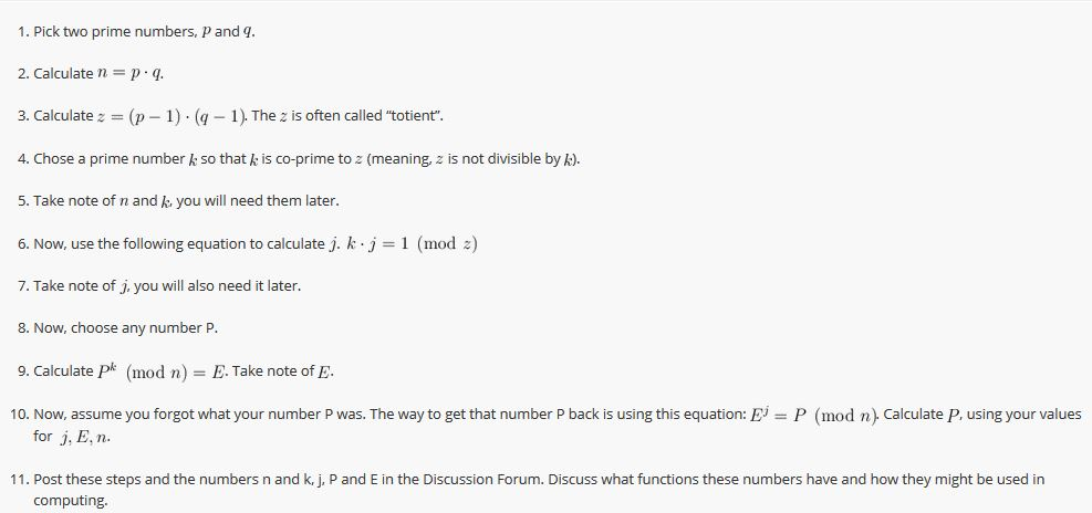 Solved 1 Pick Two Prime Numbers Pand Q 2 Calculate N P Chegg Com