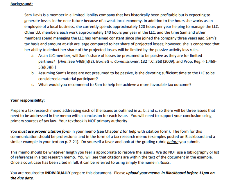 Solved Background Sam Davis Is A Member In A Limited Lia Chegg Com