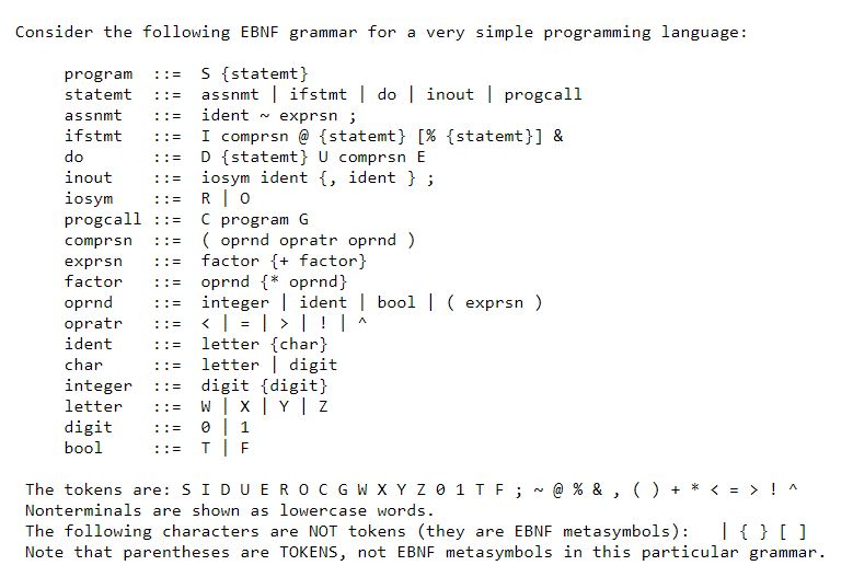 Consider the following EBNF grammar for a very simple programming language: program-S (statemt) statemt assnmt | ifstmt do |