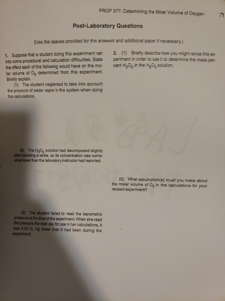 Prop 377 Determining The Molar Volume Of Oxygen Chegg 