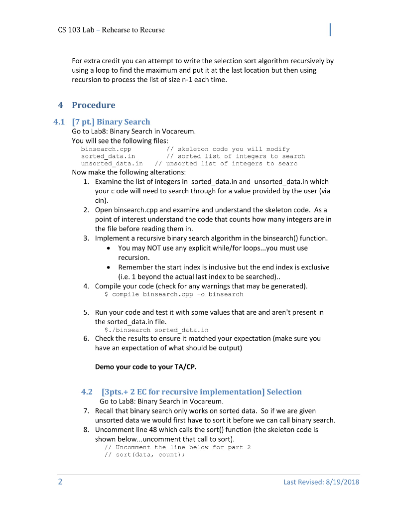 Cs 103 Lab Rehearse To Recurse For Extra Credit Chegg Com