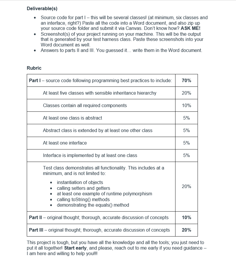 Deliverable(s) Source code for part I - this will be several classes! (at minimum, six classes and an interface, right?) Past