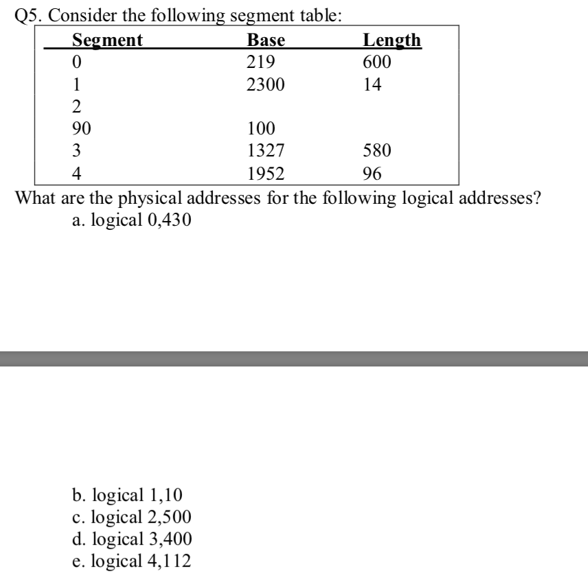 Q5. Consider the following segment table: Segment Base 219 2300 Length 600 2 100 1327 1952 90 4 a. logical 0,430 580 What are
