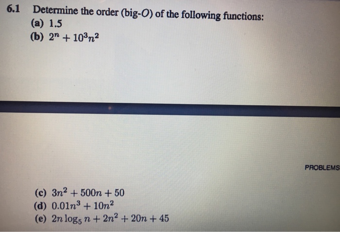 6.1 Determine the order (big-O) of the following functions: (b) 2n+ 10%? PROBLEMS (c) 3n2 500n +50 (d) 0.01㎡ +10n2 (e) 2n log, n+2n2 +20n +45