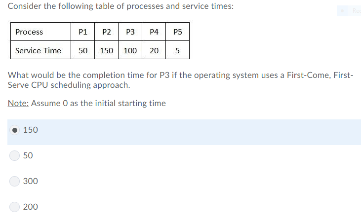 Consider the following table of processes and service times: P1 P2 P3P4 P5 Process Service Time 50 150 100 20 5 What would be