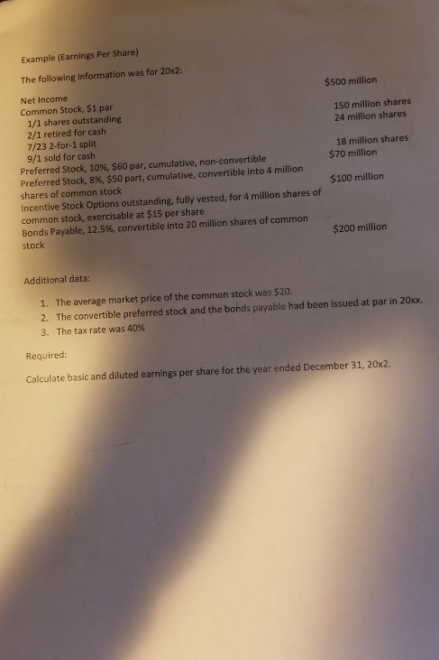 Example Earnings Per Share The Following Chegg Com