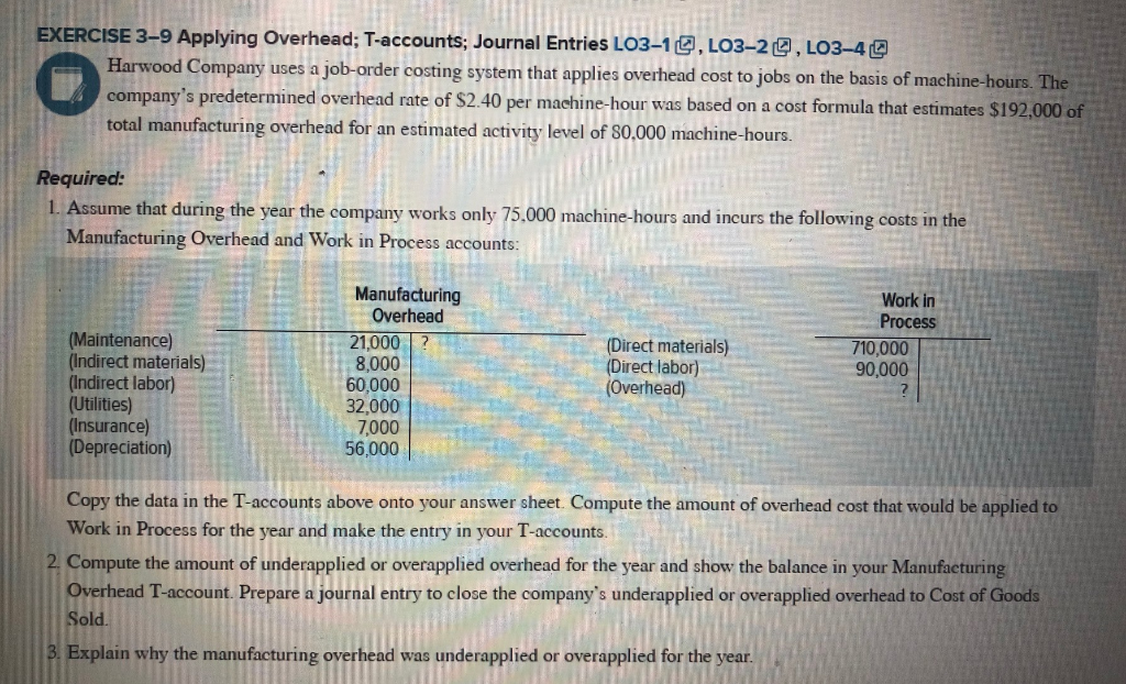 Solved EXERCISE 3-9 Applying Overhead: T-accounts: Journal | Chegg.com