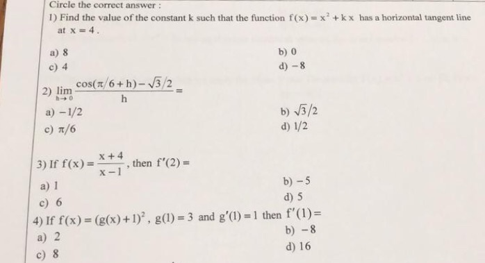 Solved Circle The Correct Answer 1 Find The Value Of Th Chegg Com