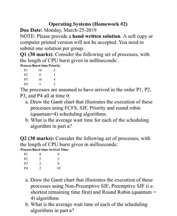 Operating Systems (Homework #2) Due Date: Monday, March-25-2019 NOTE: Please provide a hand written solution. A soft copy or