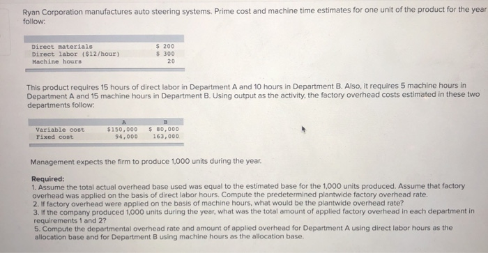Ryan Corporation Manufactures Auto Steering System Chegg Question Ryan Corporation Manufactures Auto Steering Systems Prime Cost And Machine Time Estimates For On