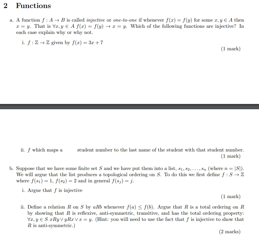 Solved 2 Functions Function F B Called Injective One One Whenever F X F Y Z Y Athen R Y Vx Ye F Q