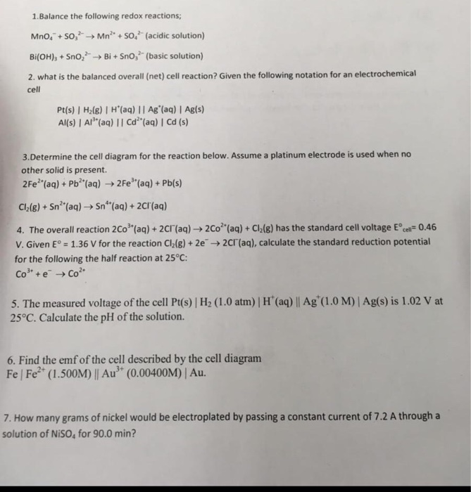 Solved 1 Balance The Following Redox Reactions Mno So M Chegg Com