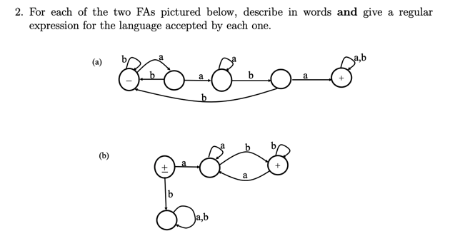 2. For each of the two FAs pictured below, describe in words and give a regular expression for the language accepted by each one. a,b