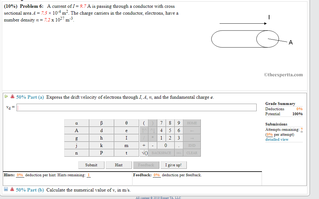 Solved 1096 Problem 6 A Current Of1 9 7 A Is Passing T Chegg Com