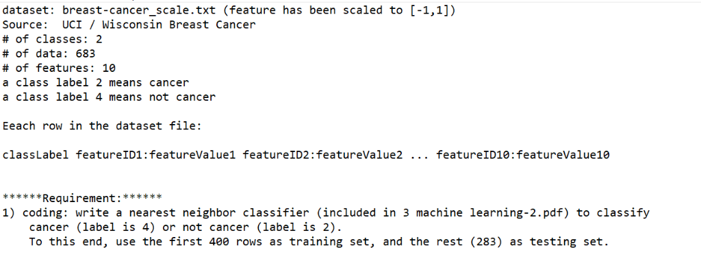 dataset: breast-cancer_scale.txt (feature has been scaled to [-1,1]) Source: UCI / Wisconsin Breast Cancer # of classes : 2 #