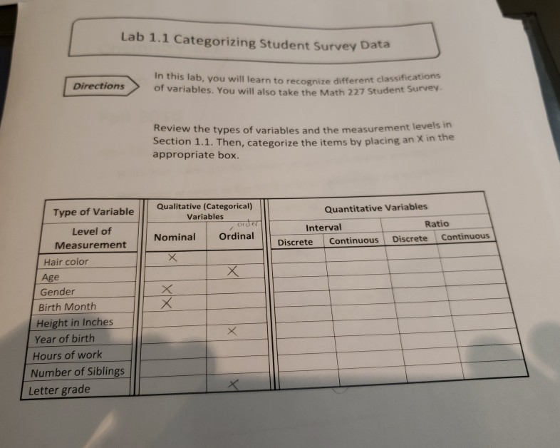 This Survey L Solved: Lab 1.1 Student In ... Data Categorizing