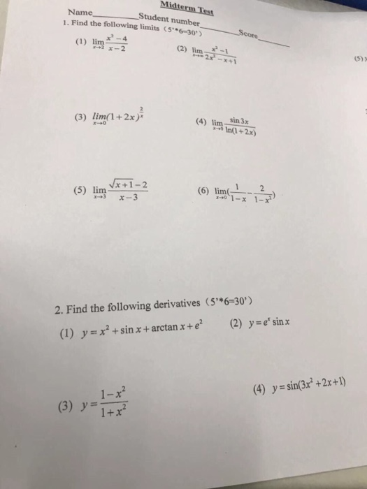 Solved Namestudent Number 1 Find The Following Limits Chegg Com