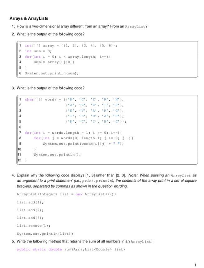 Solved Arrays Arraylists 1 Two Dimensional Array Different Array Arraylist 2 Output Following Cod Q