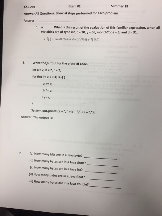 Solved: Summer'18 Exam #2 CSC 201 Answer All Questions. Sh Sns-Brigh10