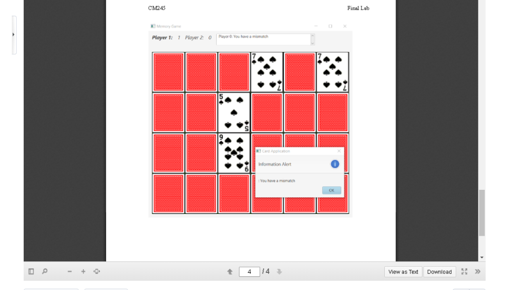 CM245 Final Lab Memory Game |Nayer0:Yo, hse . unatch Player 2: Player 1: , O 7 7 Information Alert you have a mismach 食14 14