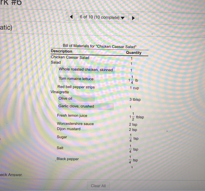 6 of 10 (10 complete) atic) Bill of Materials for | Chegg.com
