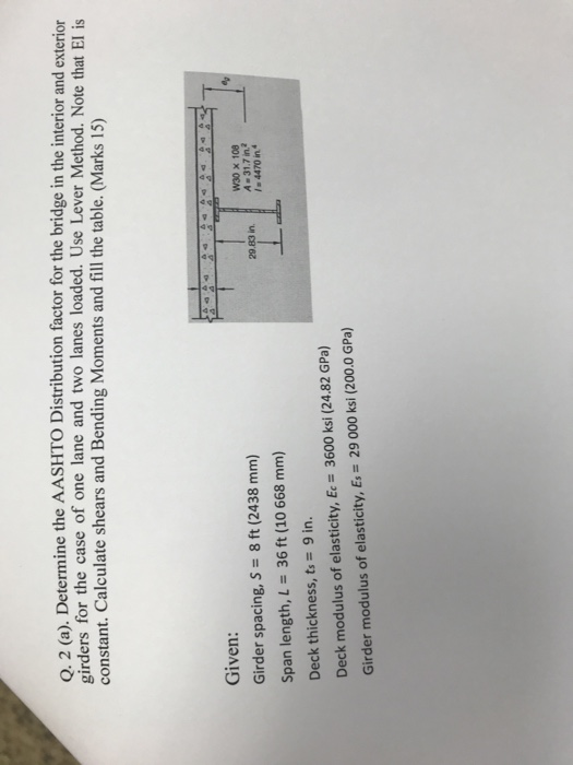 O. 2 (a). Determine the AASHTO Distribution factor for the bridge in the interior and exterior girders for the case of one lane and two lanes loaded. Use Lever Method. Note that El is constant. Calculate shears and Bending Moments and fill the table. (Marks 15) Given: Girder spacing, S 8 ft (2438 mm) Span length, L-36 ft (10 668 mm) Deck thickness, ts 9 in. Deck modulus of elasticity, Ec = 3600 ksi (24.82 GPa) Girder modulus of elasticity, E 29 000 ksi (200.0 GPa) W30 x 108 A 31.7 in2 / 4470 in4 29.83 in