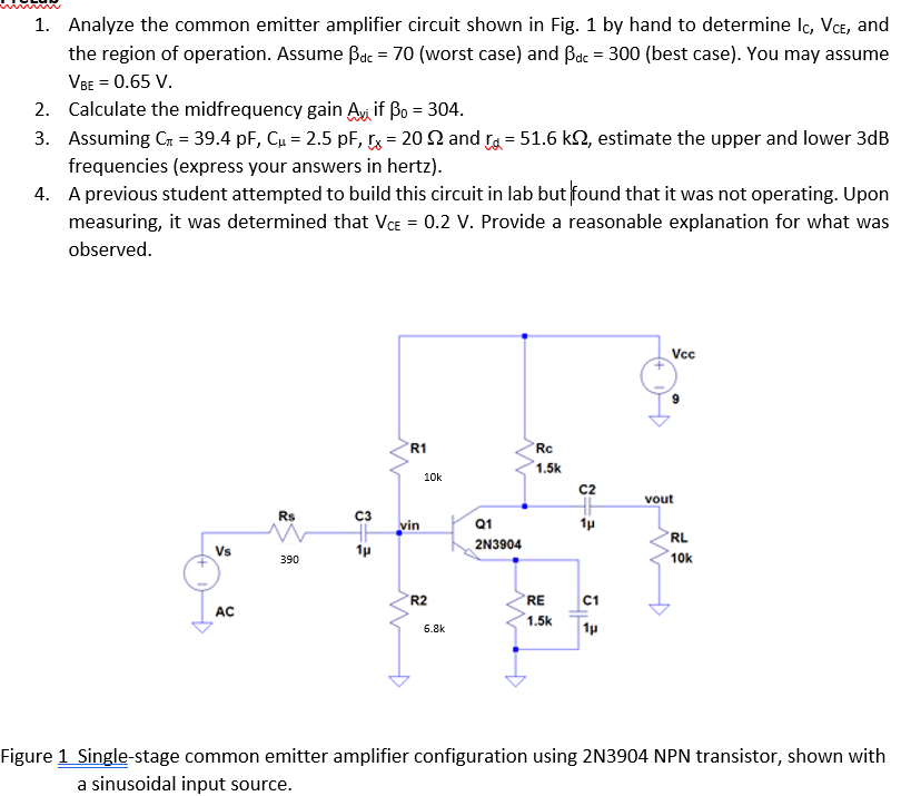 Solved 1 Analyze The Common Emitter Amplifier Circuit Sh Chegg Com