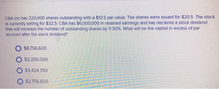 Solved Cba Inc Has 220000 Shares Outstanding With A 10 5