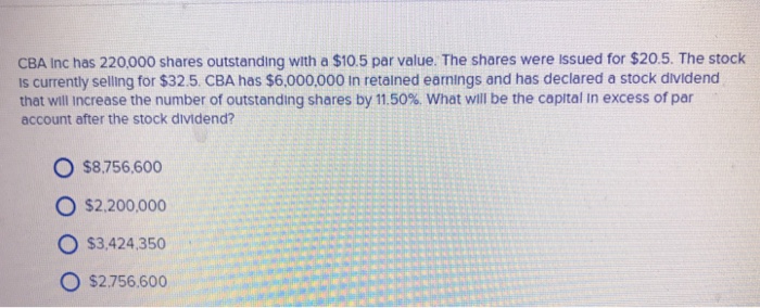 Solved Cba Inc Has 220000 Shares Outstanding With A 10 5