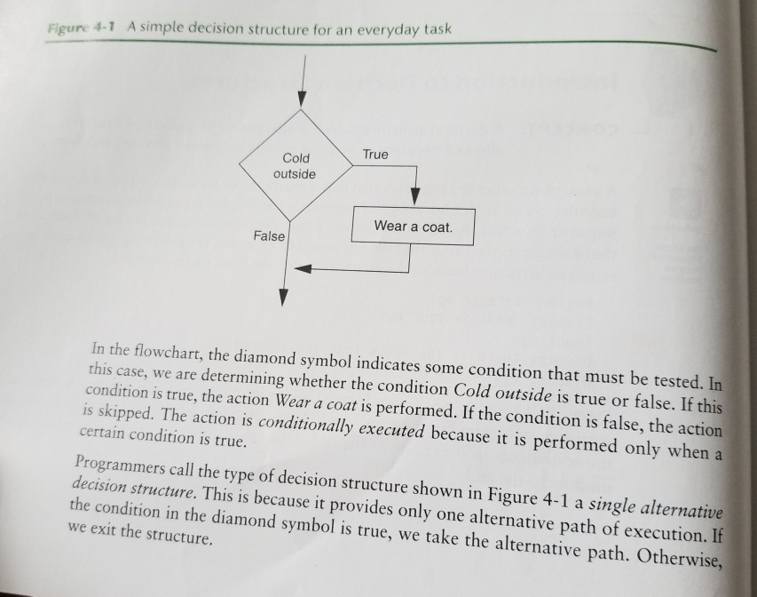 Figure 4-1 A simple decision structure for an everyday task True Cold outside Wear a coat. False In the flowchart, the diamon