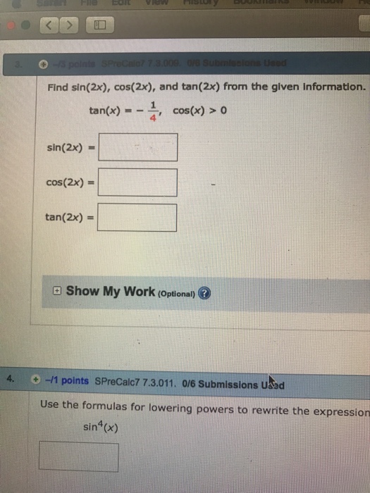 Solved Find Sin 2x Cos 2x And Tan 2x From The Given Chegg Com