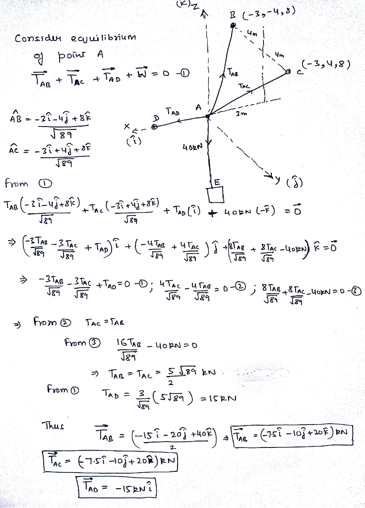 Problem 8 Determine The Tension In The Vector Form Developed In Each Cable Ab Ac And Ad Used To Support The 40 Kn Box The Whole System Is In Equilibrium B 4