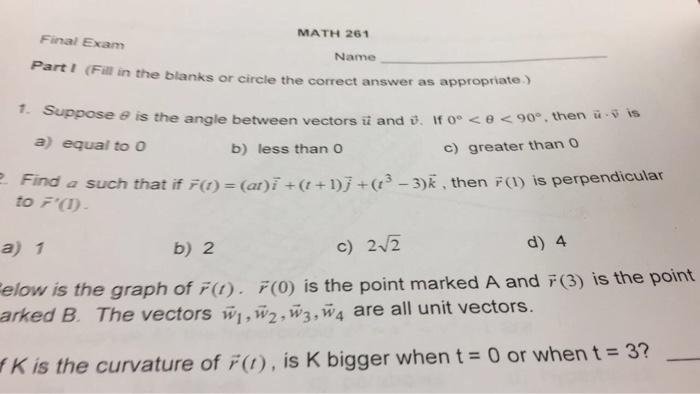 Solved: MATH 261 Final Exam Name Part I (Fill In The Blank... | Chegg.com